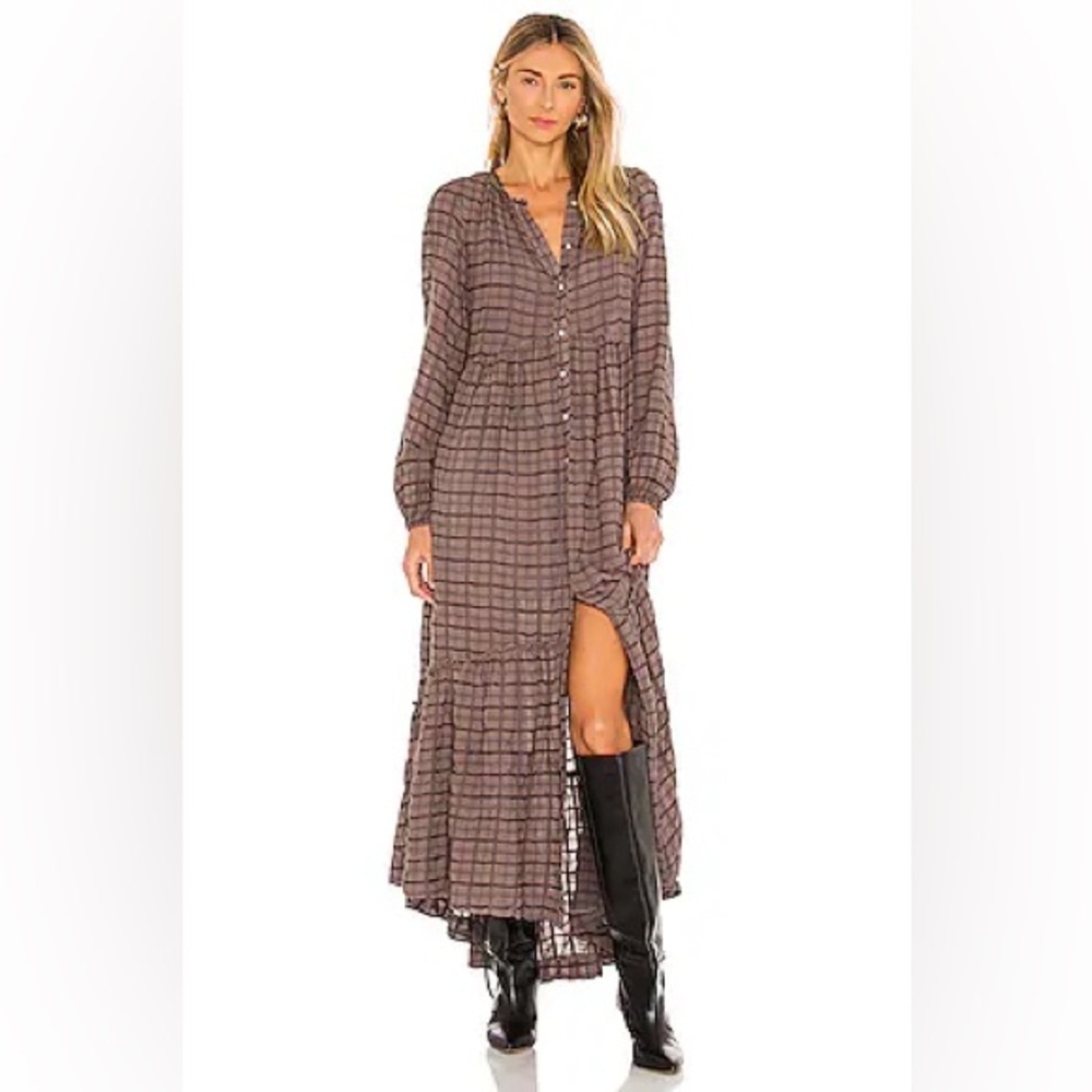 Free People Brown Plaid Button-Front Midi Dress